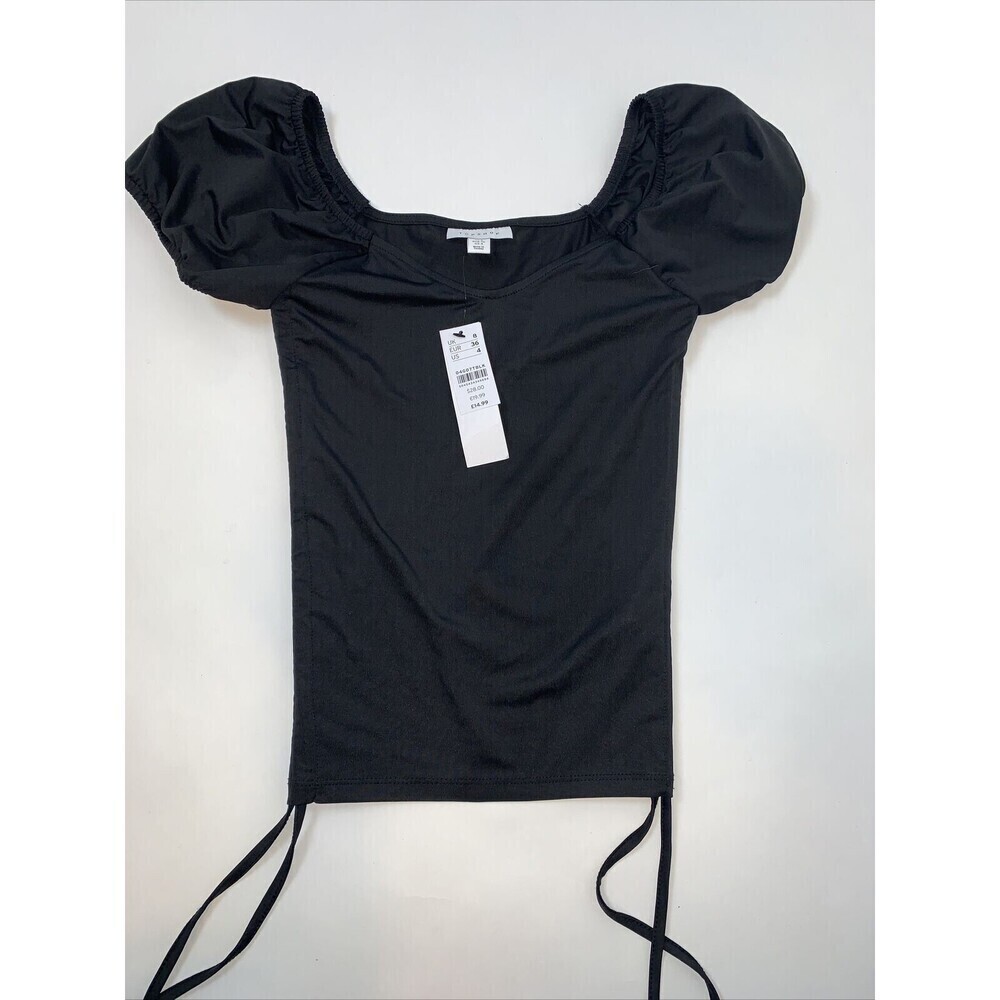 Topshop Women's Short Sleeve Tie Pull Over Ruched Satin Like Top In Black Size 4